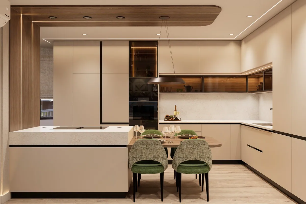 Render 3D, apartamento T4 em Almada: cozinha em L com cadeiras verdes.