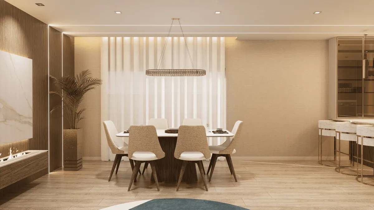 Render 3D, moradia em Belverde: sala de jantar diante das cortinas.