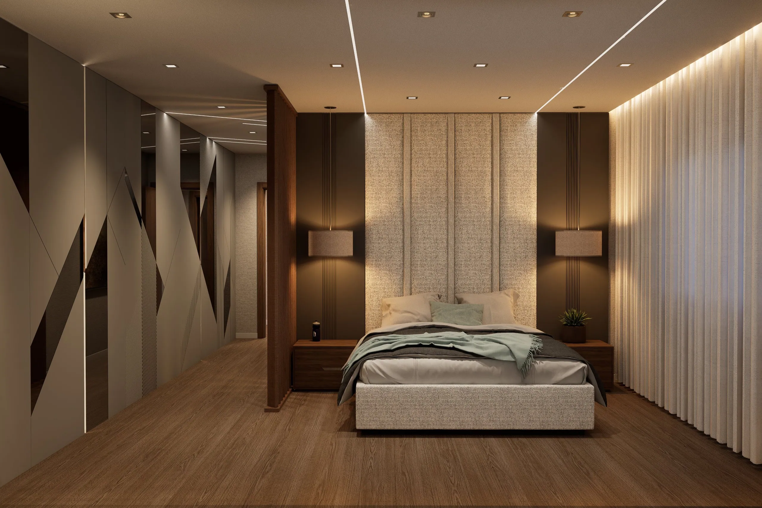 Render do quarto da suite, com parede em madeira e luz indireta.
