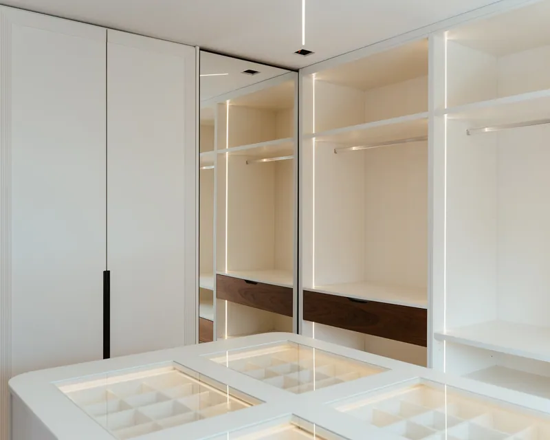 Closet com a ilha de tampo de vidro e os roupeiros abertos.