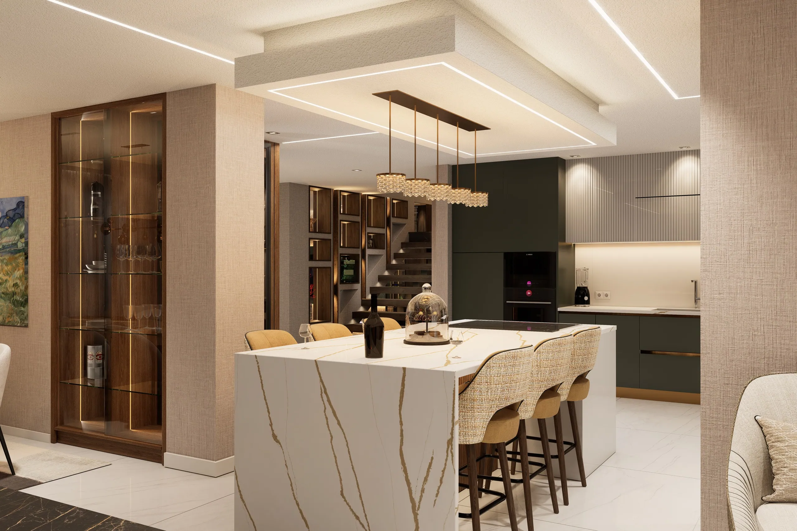 Render da cozinha com ilha em pedra de veio dourado.