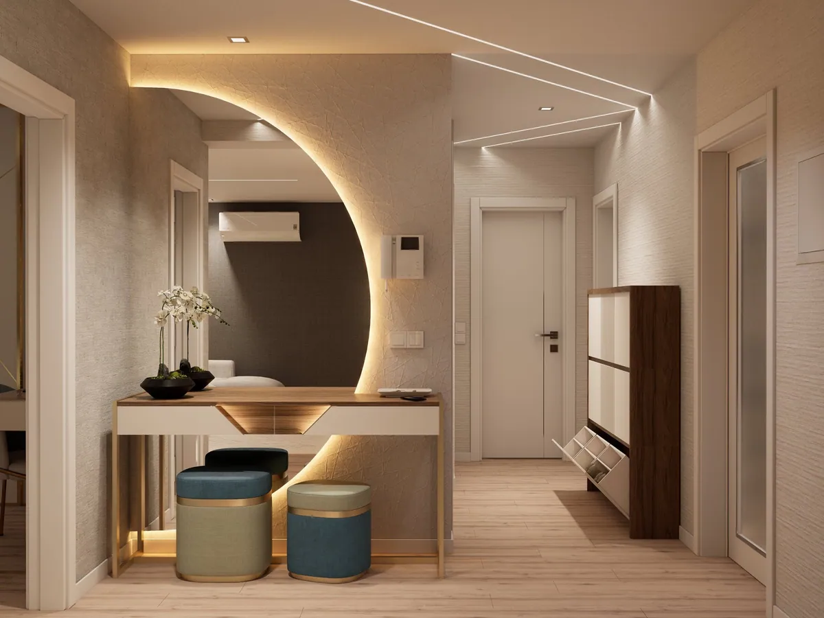 Render 3D, apartamento T3 no Samouco: entrada com painel curvo iluminado.