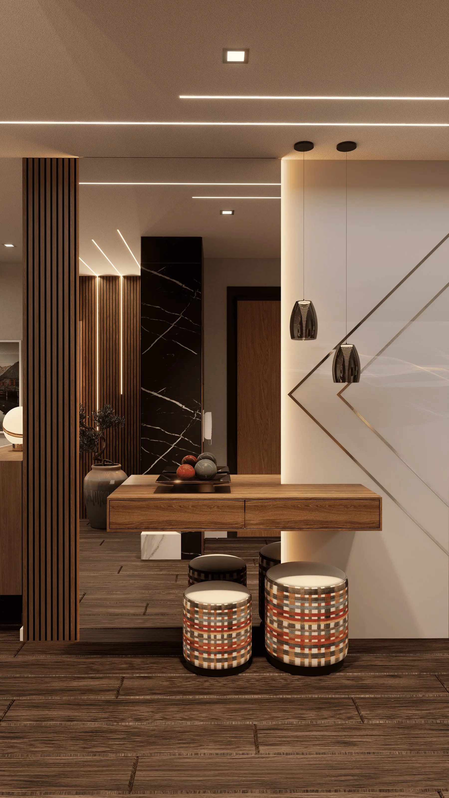 Render da entrada, com painel em losango, consola suspensa e dois pufes.