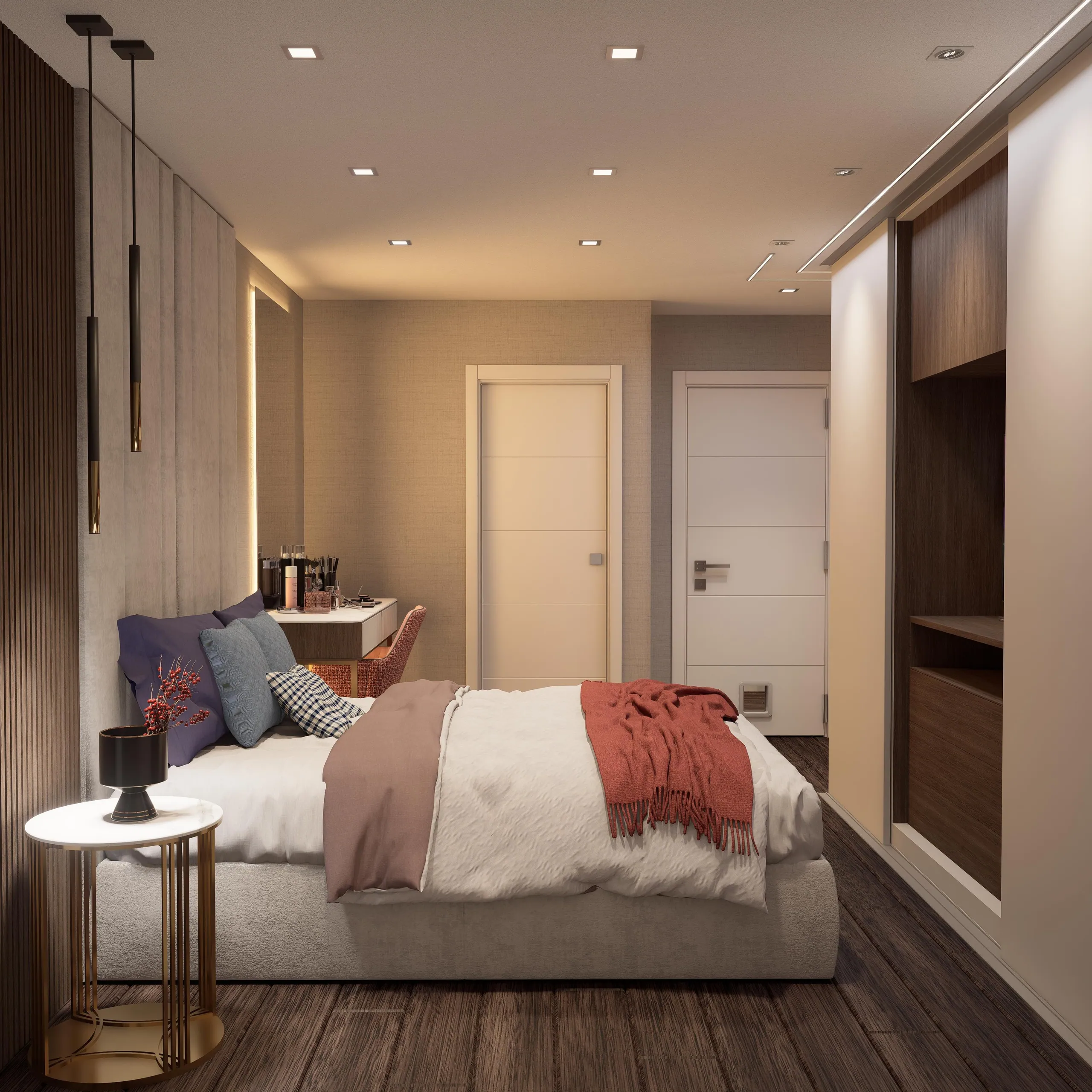 Render do quarto da suite, com cabeceira em painéis e candeeiros suspensos.