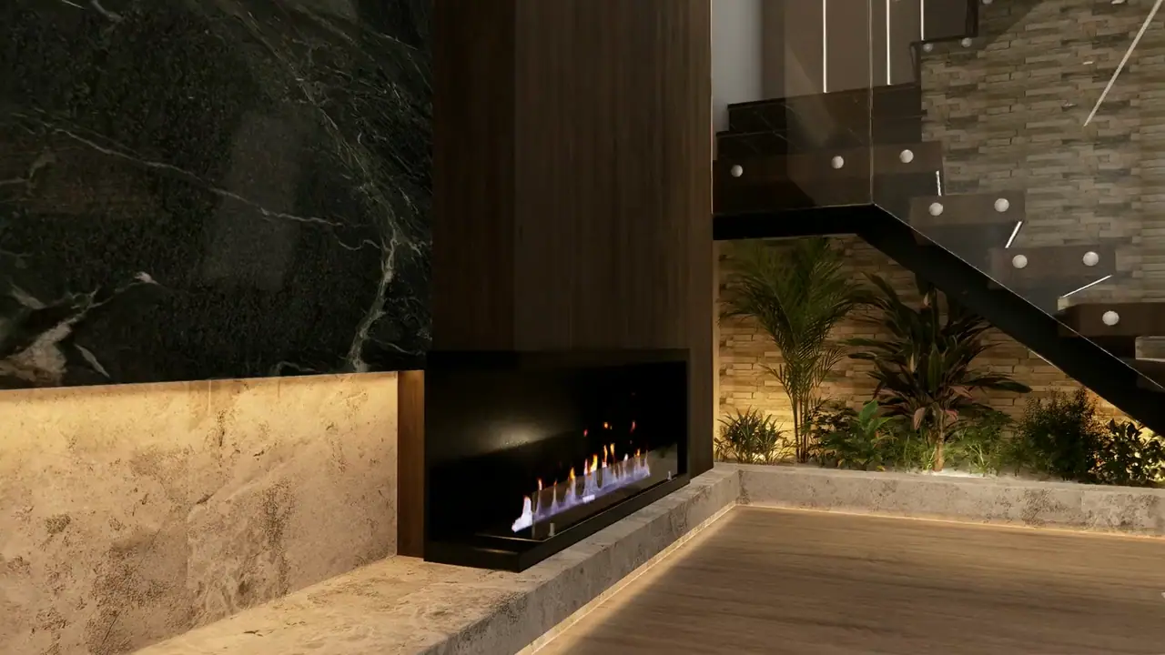 Passeio 3D em Porto Salvo: lareira, jardim interior e escada suspensa.